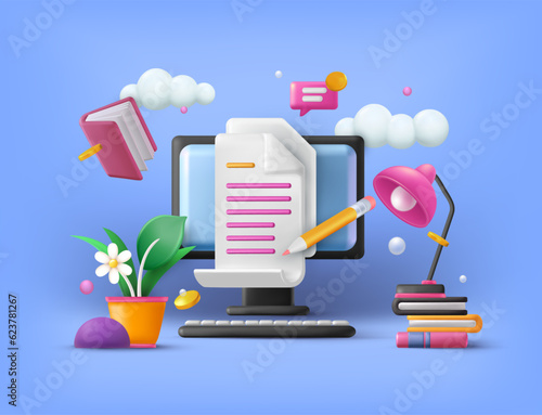 Online workplace. 3D digital education. University exam. Homework in internet school. Render computer on desk. Document and studying books. College training. Vector exact realistic concept
