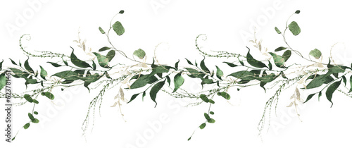 Watercolor painted greenery seamless frame. Green wild plants, branches, leaves and twigs. Isolated clipart.