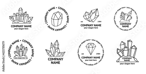 Gems logo. Line diamonds. Corporate brand badge. Luxury precious stones. Outline crystals. Brilliant gemstone emblem. Jewelry icon design. Ruby and emerald logotype. Vector symbols set