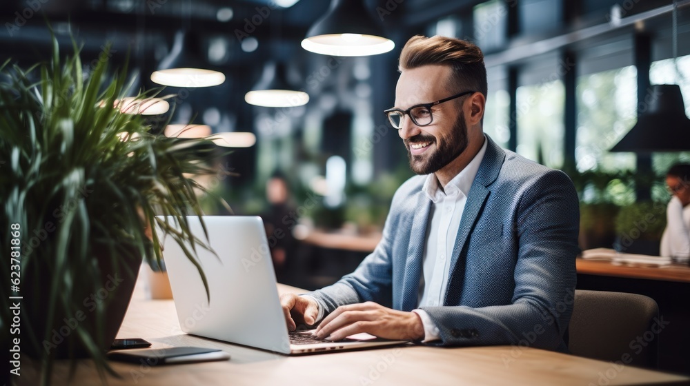 Man working with computer laptop on blur office background.