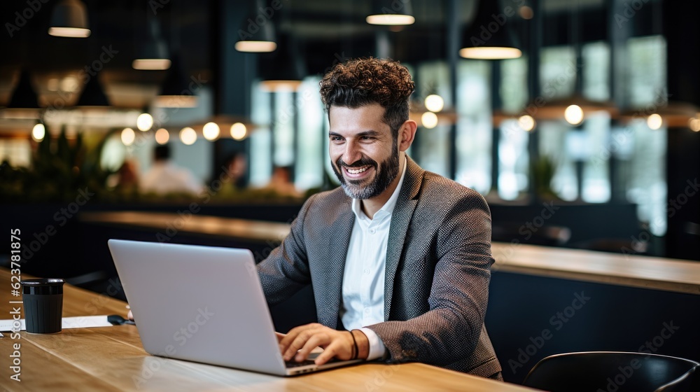 Man working with computer laptop on blur office background. Man working with computer laptop on blur office background.