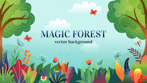 Magic forest. Wild nature. Enchanted garden. Flying butterfly. Magical plant woods. Meadow herbs or flowers. Fairytale environment. Summer landscape. Fantasy scenery. Vector background