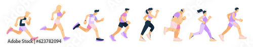 Running people. Young athletes on marathon, Outdoor workout, healthy lifestyle. Runners in modern sport suits and sneakers. Men and women jogging. Cartoon flat isolated vector illustration