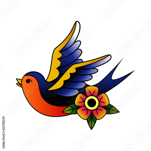 Tattoo bird. Old school body ink print. Vintage style. Flying swallow and flower. Sparrow flight. American sailing symbol. Animal color drawing. Vector traditional tattooing element