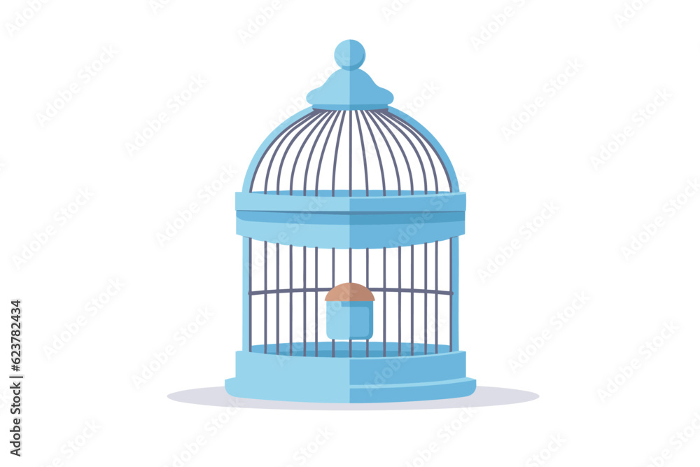 Vector of a flat icon of a blue bird cage with a small bird inside