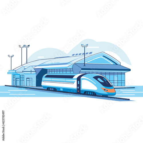 Vector of a blue and white train passing by a train station in a flat icon style