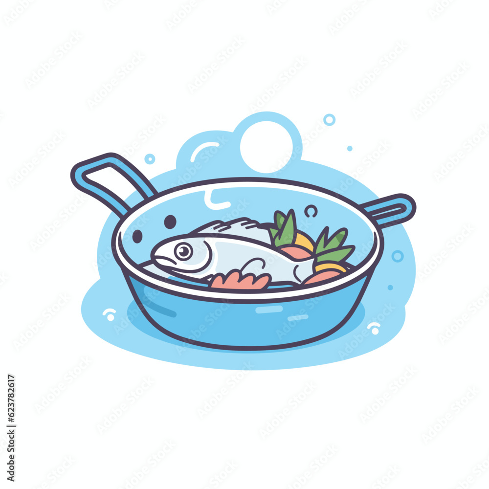 Vector of a flat icon vector of a frying pan with a fish inside Vector of a flat icon vector of a frying pan with a fish inside