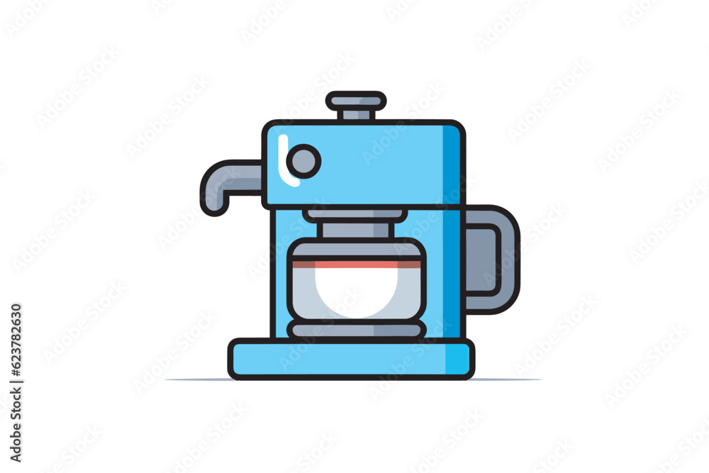 Vector of a flat icon vector of a blue coffee maker sitting on a table Vector of a flat icon vector of a blue coffee maker sitting on a table