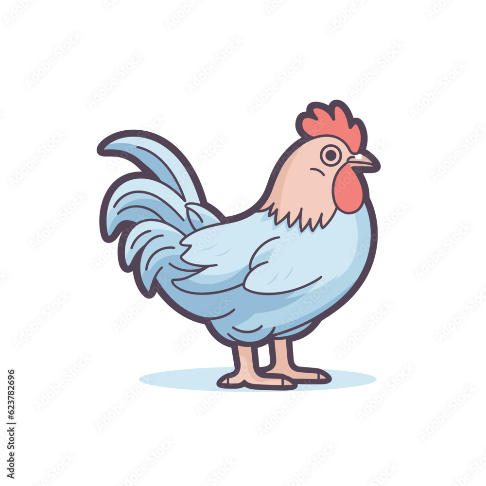 Vector of a cute flat icon of a cartoon chicken with a vibrant red comb