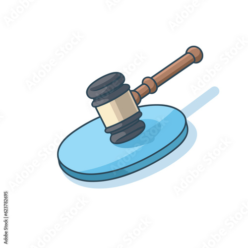 Vector of a flat icon vector of a wooden judges hammer on top of a blue plate