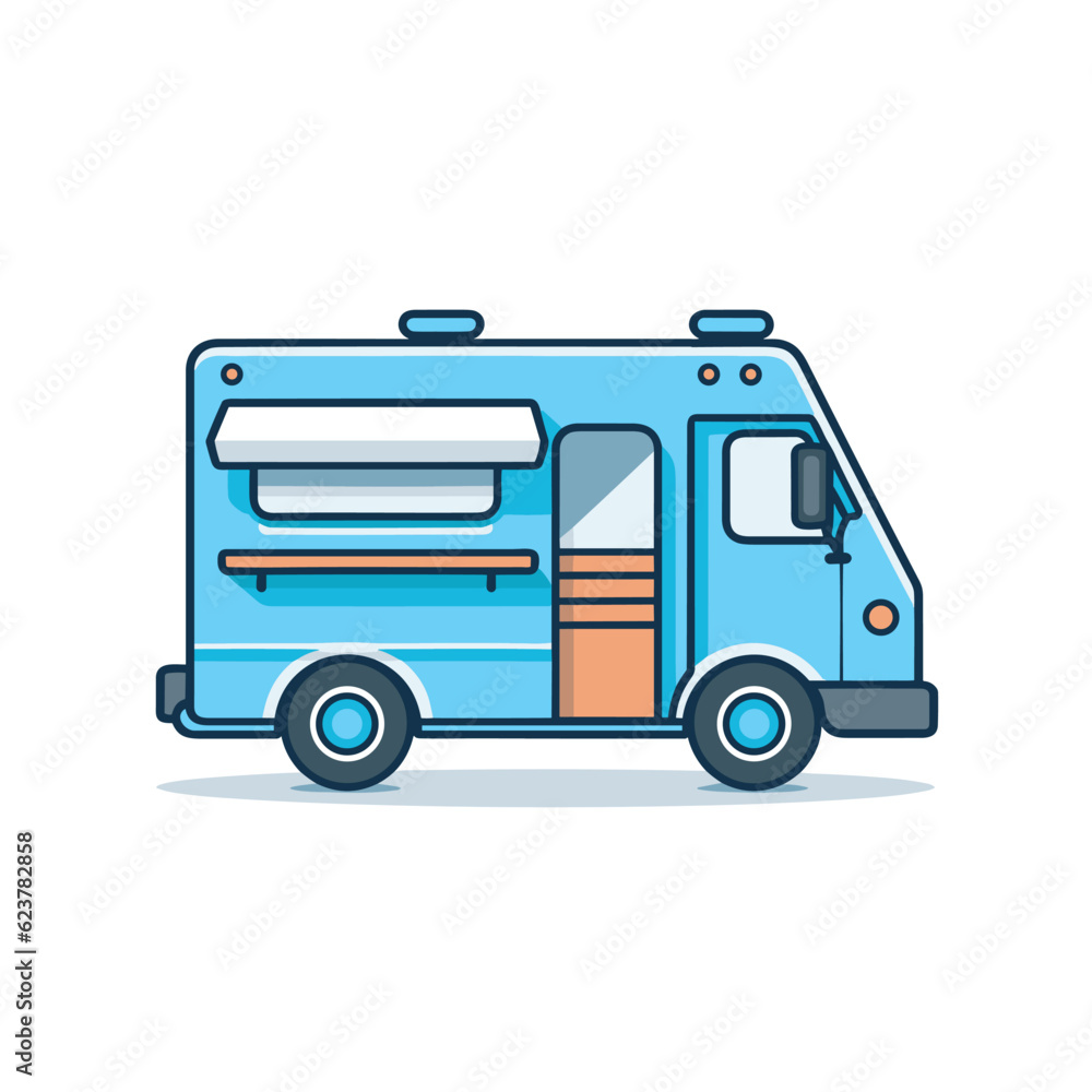 Vector of an illustration of a vibrant blue food truck parked on a city street