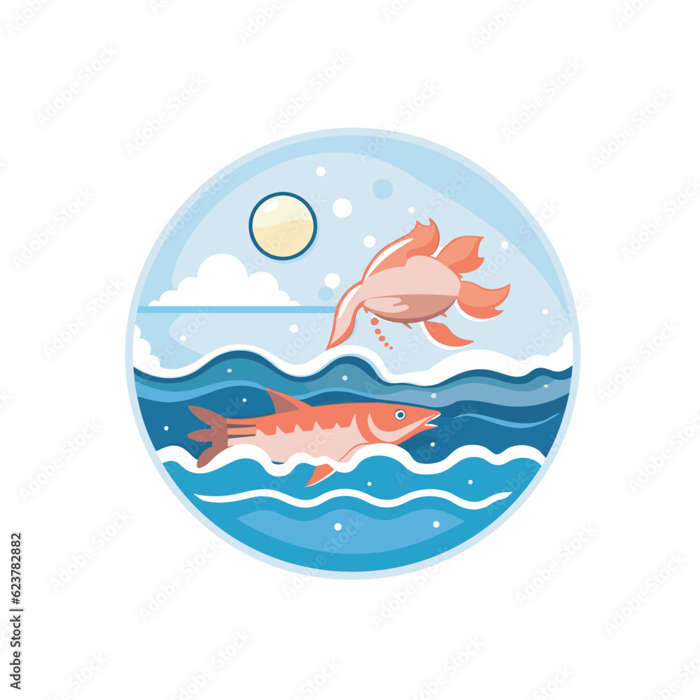 Vector of a fish jumping out of the water to catch another fish Vector of a fish jumping out of the water to catch another fish