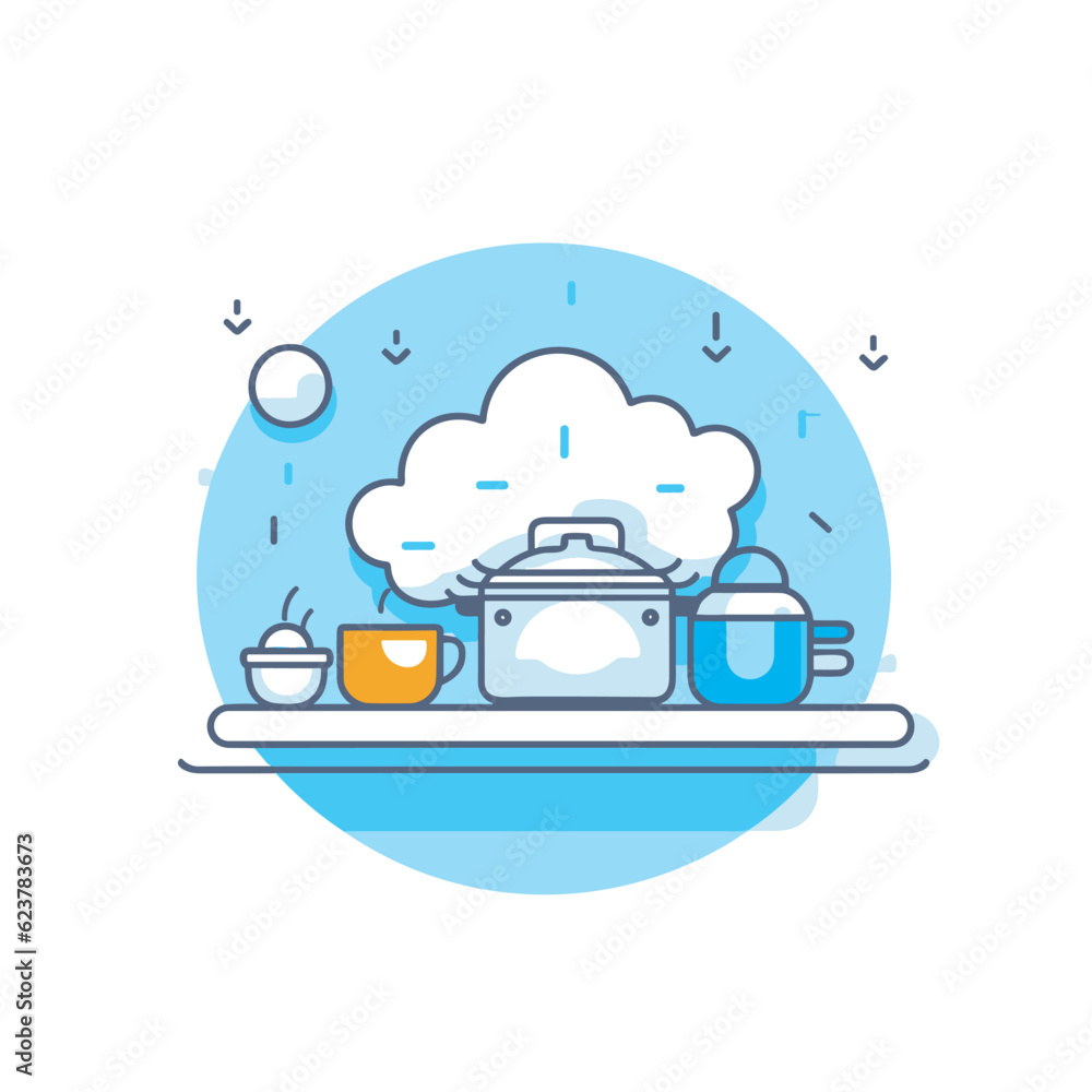 Vector of a pot and pan on a tray with a cloud above it Vector of a pot and pan on a tray with a cloud above it
