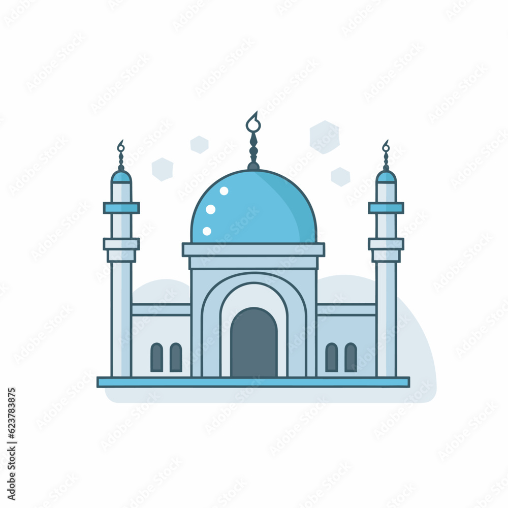 Vector of a mosque with a blue dome and two minarets in a flat icon style