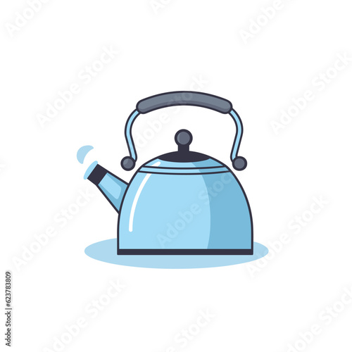 Vector of a flat icon of a blue tea kettle with a black handle