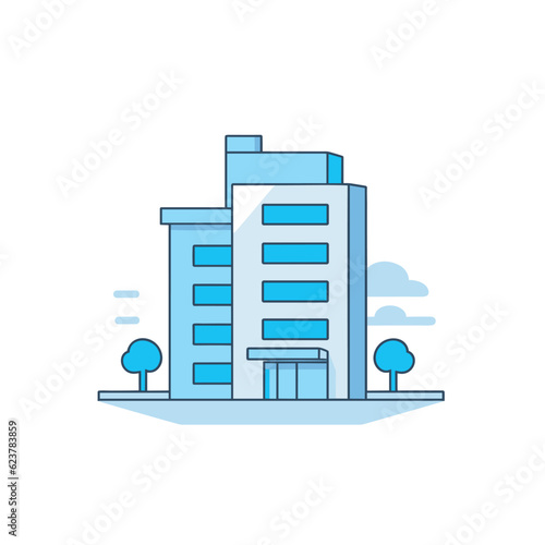 Vector of a modern skyscraper surrounded by green trees in a flat and minimalist style © Ilgun