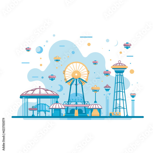 Vector of an amusement park with a colorful ferris wheel and exciting rides