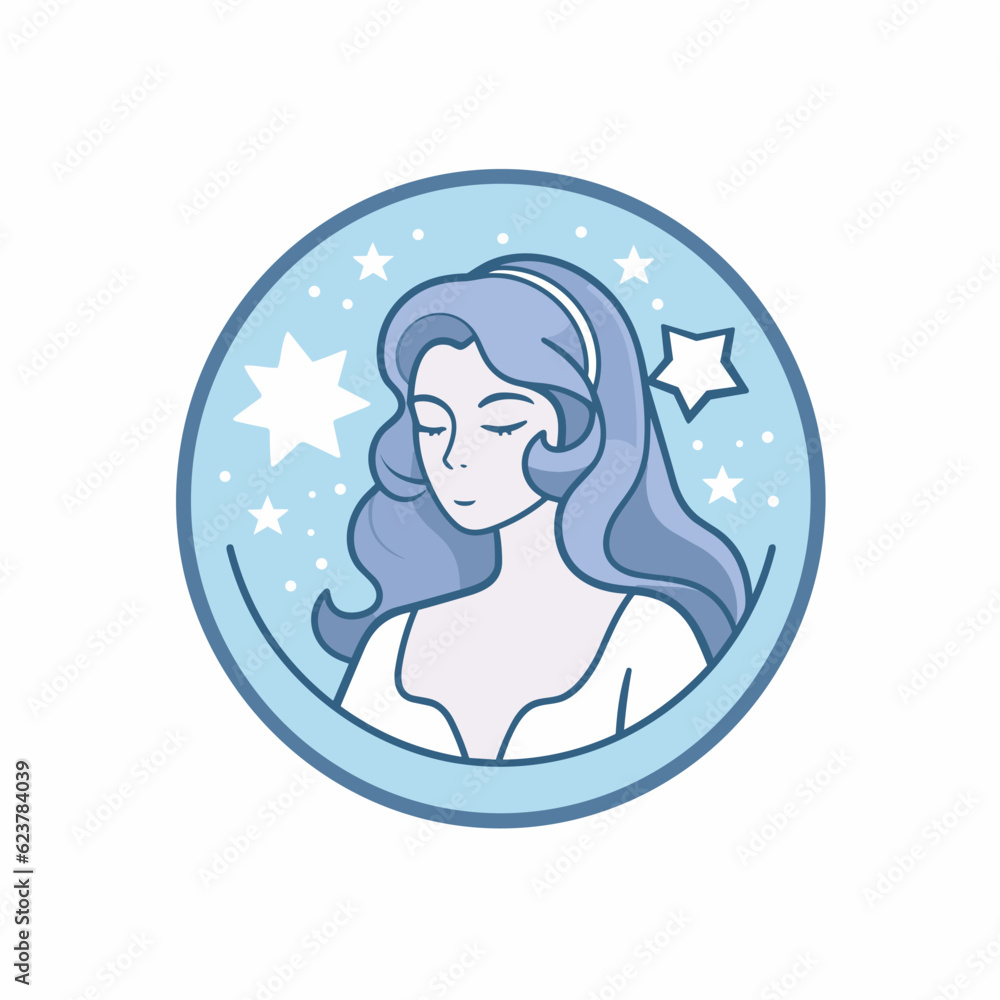 Vector of a woman with blue hair and stars in the background in a flat icon style