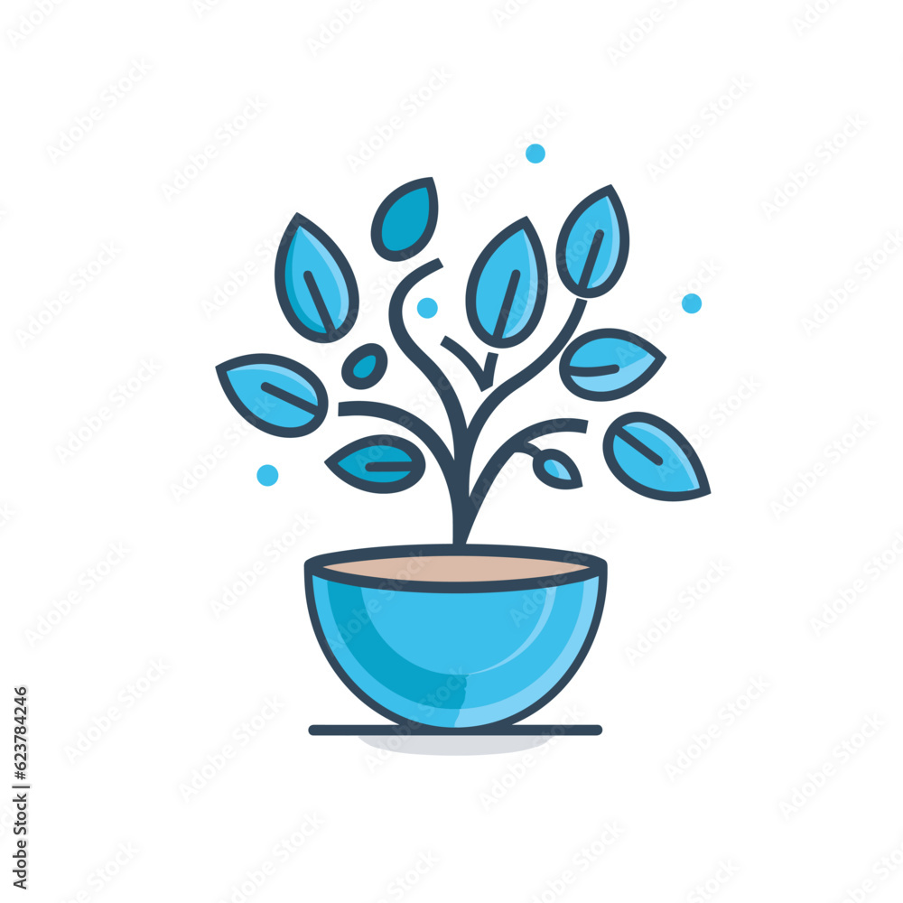 Vector of a flat icon vector of a blue bowl with a plant inside Vector of a flat icon vector of a blue bowl with a plant inside