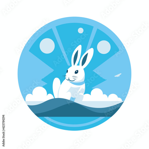 Vector of a cute white rabbit sitting on a hilltop in a flat icon style