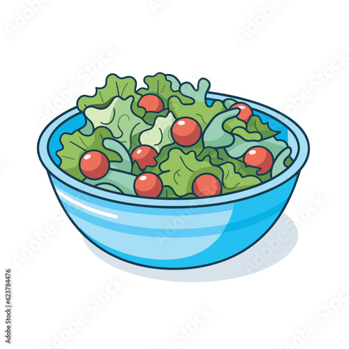 Vector of a flat icon vector of a blue bowl filled with fresh lettuce and juicy tomatoes