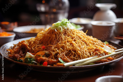 chinese noodles in a large clay plate on the table with sauce and seasonings