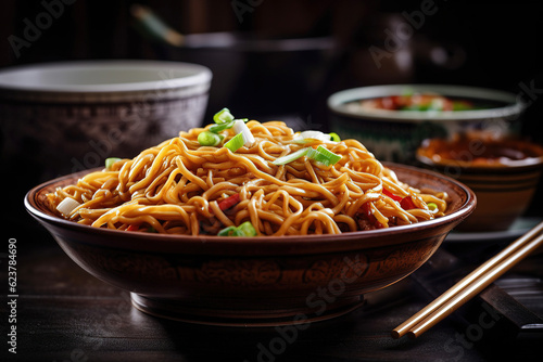 chinese noodles in a deep clay plate with wooden chopsticks served on a wooden table
