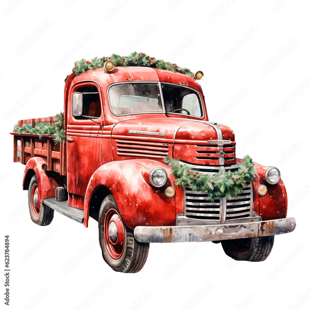 Red Christmas farm truck. Village Traditional vintage Christmas AI generative isolated watercolor illustration.