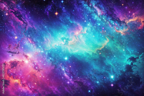 Colorful space galaxy cloud nebula. Stary night cosmos. Universe science astronomy. Supernova background wallpaper. Generative Al 
