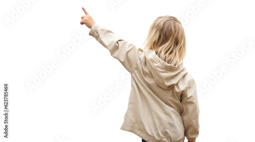 A blonde girl from behind in a beige hoodie is pointing up