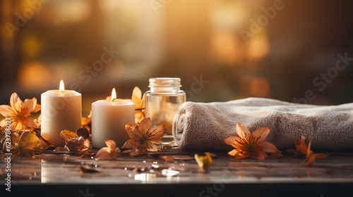 Ceramic soap shampoo bottles and white cotton towels on autumn background. Spa concept. AI generated