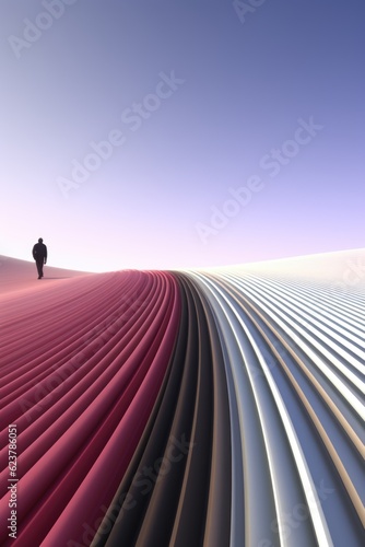 A person walking across a field of red and white lines. Generative AI. © tilialucida