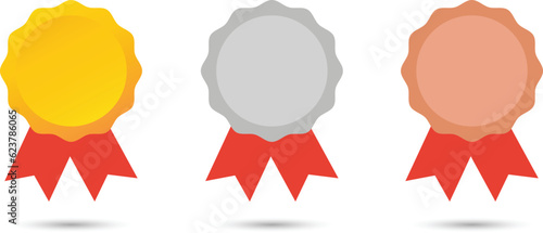 Gold, silver, and bronze medal with stars. Trophy with red ribbon. Suitable for design elements of award medals, best prize badges, and winner sign