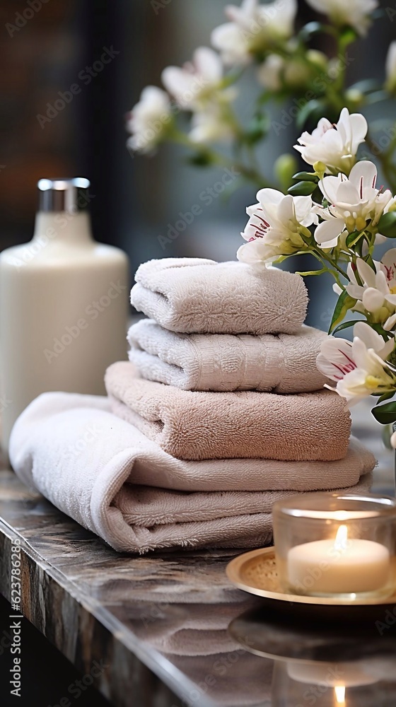 Ceramic soap shampoo bottles and white cotton towels on bathroom background. Spa concept. AI generated