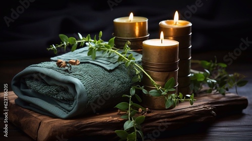Stack of green towels and spa candles on dark background. AI generated