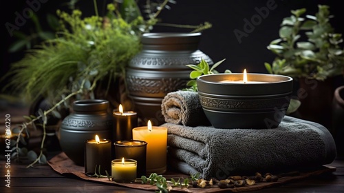 Stack of black towels and spa candles on dark background. AI generated