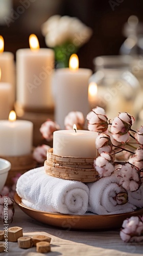 Ceramic soap shampoo bottles and white cotton towels on romantic mood background. Spa concept. AI generated