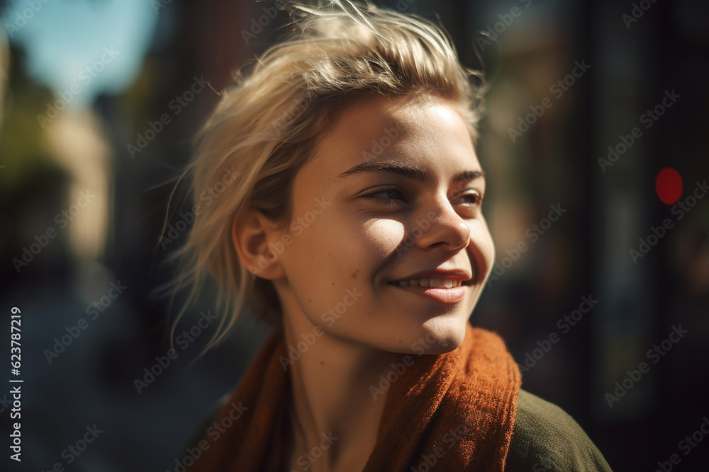 beautiful young adult woman standing outside with natural light, sun light smiling, copy space beautiful young adult woman standing outside with natural light, sun light smiling, copy space