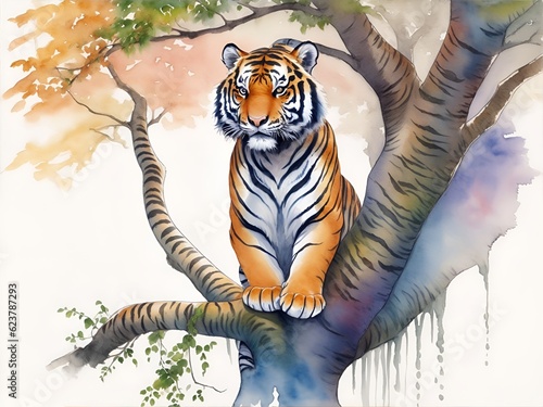 wall decoration art  08  a tiger on tree branch  Water colour illustration.