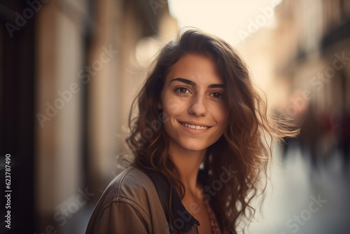 beautiful young adult woman standing outside with natural light, sun light smiling, copy space