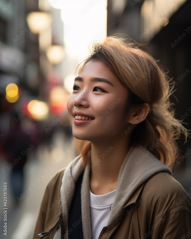 beautiful young adult woman standing outside with natural light, sun light smiling, copy space beautiful young adult woman standing outside with natural light, sun light smiling, copy space