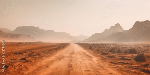 AI Generated. AI Generative. Sand desert hot dirty road path. Outdoor arizona western nature landscape background. Road trip travel adventure explore vibe. Graphic Art © AkimD