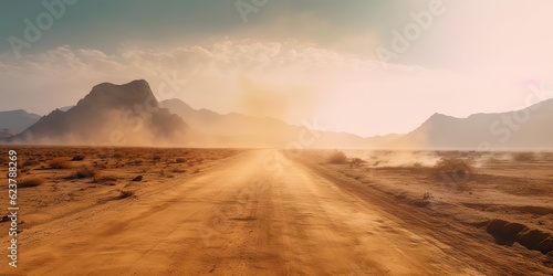 AI Generated. AI Generative. Sand desert hot dirty road path. Outdoor arizona western nature landscape background. Road trip travel adventure explore vibe. Graphic Art