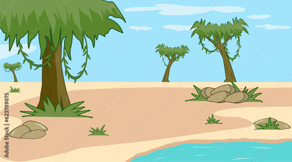 cartoon landscape beach with  trees savana africa 