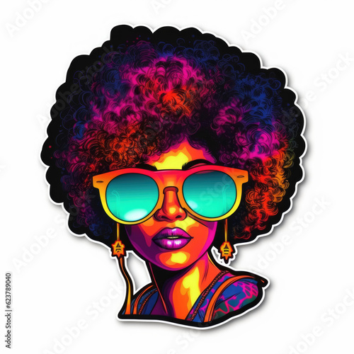 Beauty Woman in Sunglasses with black curly hair. Young Afro American Girl Face, Colorful sticker in African American triadic neon colors. Generative ai illustration in cartoon style