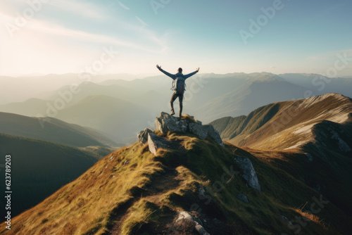 Young man standing on top of hill with hands up with blue backpack. Young guy raising hands up in nature  created with Generative AI
