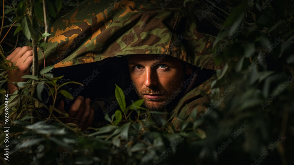 A wildlife photographer hidden in a camouflage tent, capturing the magic of elusive creatures in their habitat Generative AI