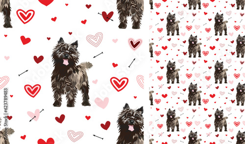 Cairn Terrier dogs Valentine's day heart wallpaper. Love doodles hearts with pets holiday texture. Square background, repeatable pattern. St Valentine's day wallpaper, valentine present, print tiles.
