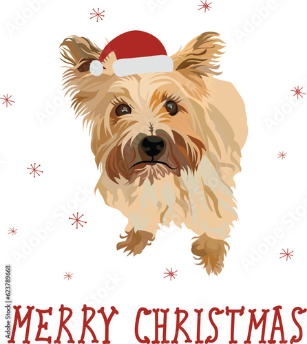 Cairn Terrier drawing. Cute dog character in a top view pose. Holiday Design for printing, adorable and cute Christmas dog cartoon vector greeting card. Adorable puppy, a funny holiday animal.