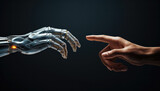 A prosthetic male hand cyborg reaches for a white hand.